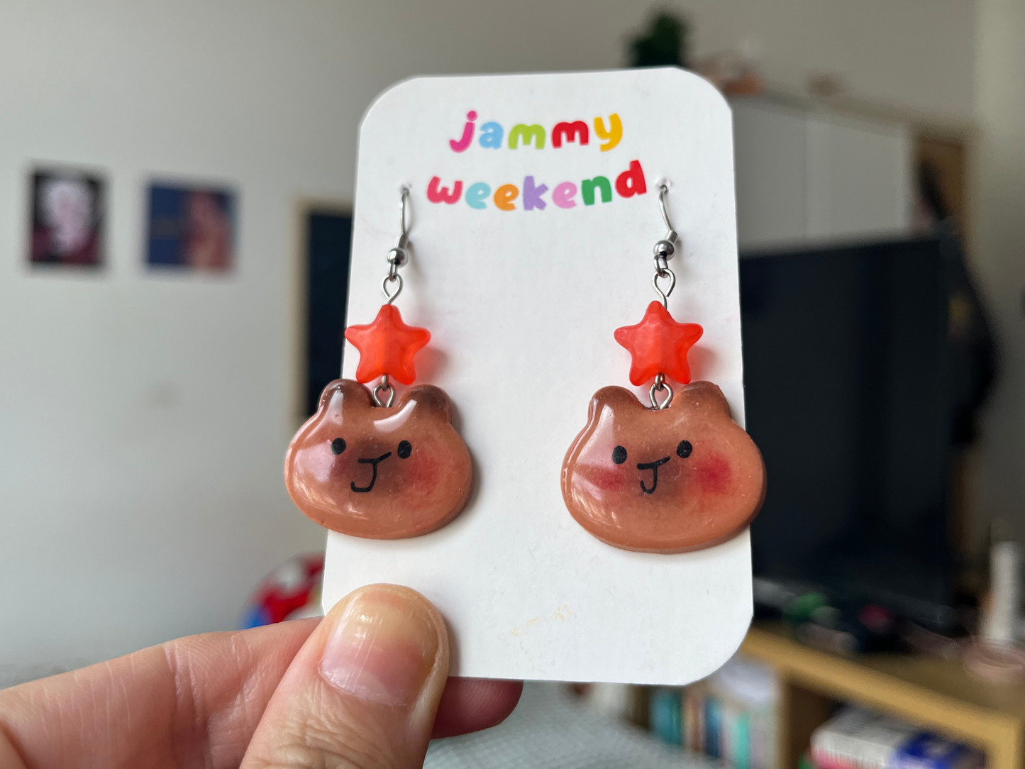Capybara Face Polymer Clay Earrings with Star Bead