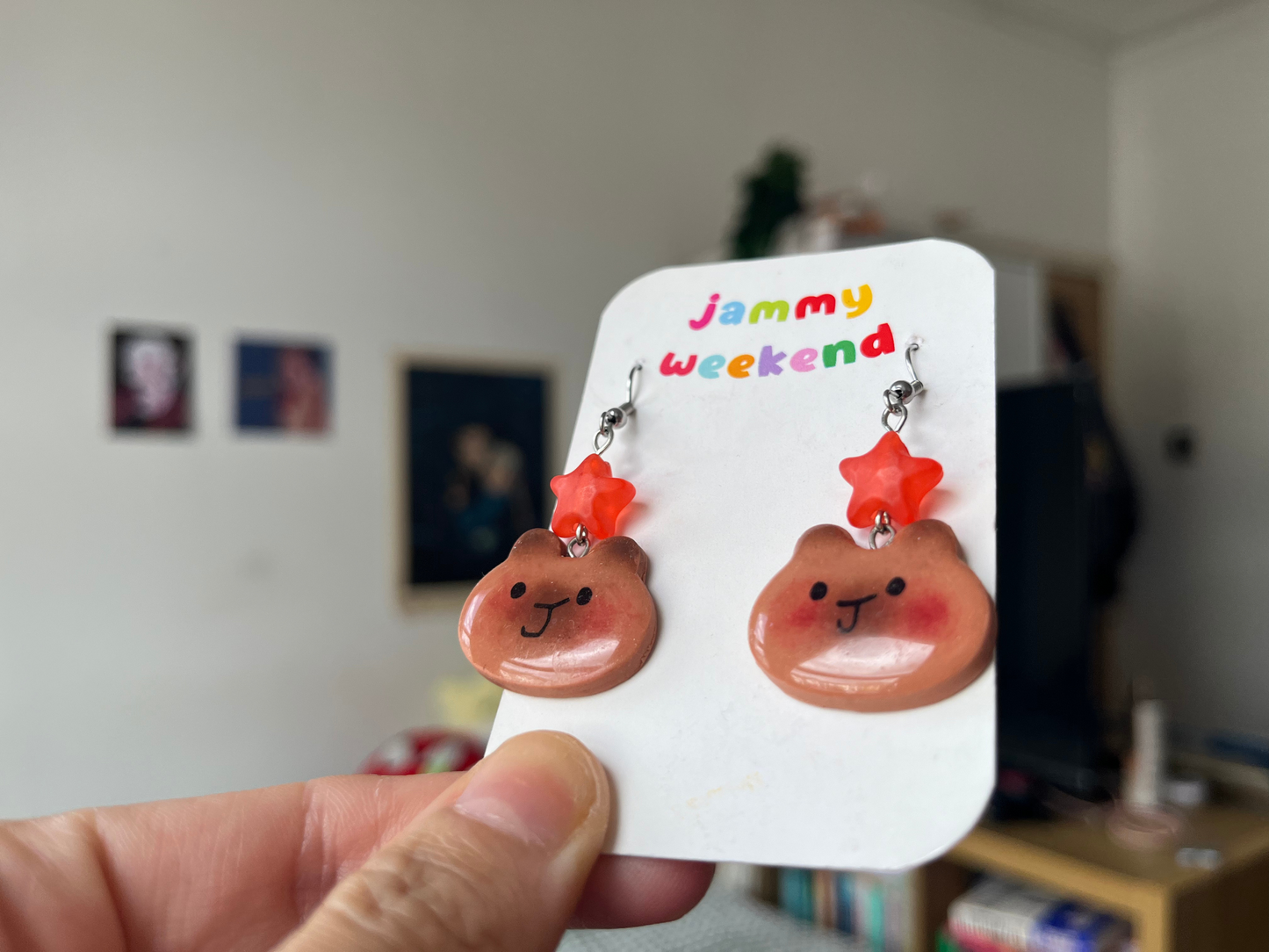 Capybara Face Polymer Clay Earrings with Star Bead