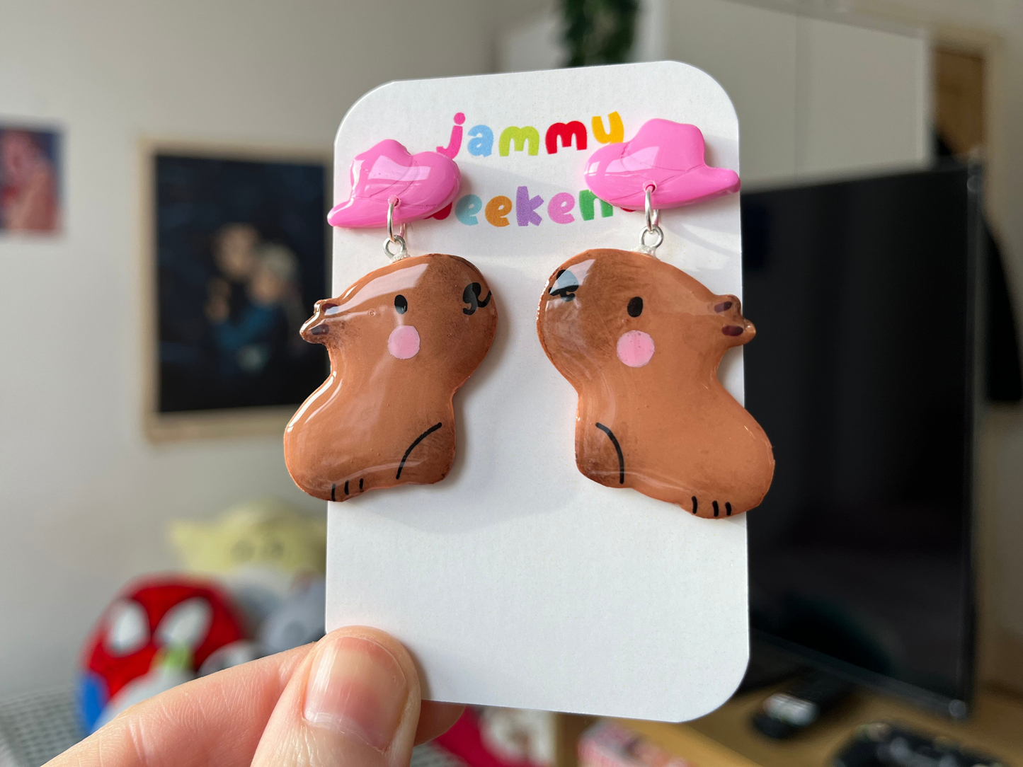 Capybara with Pink Cowboy Hat Clay Earrings