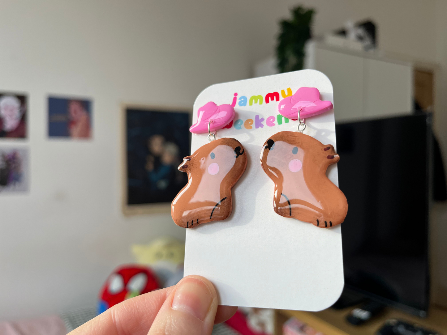 Capybara with Pink Cowboy Hat Clay Earrings