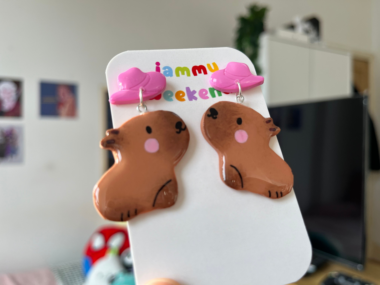 Capybara with Pink Cowboy Hat Clay Earrings
