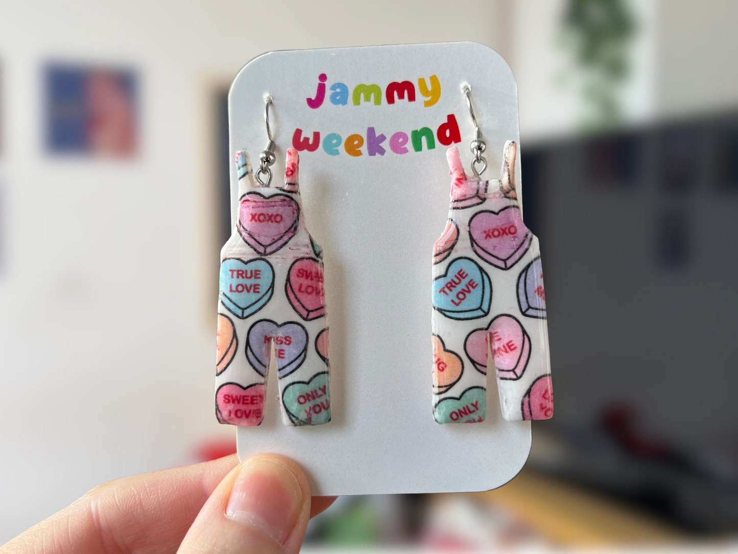 Talking Hearts Clay Dungaree Earrings | Valentines