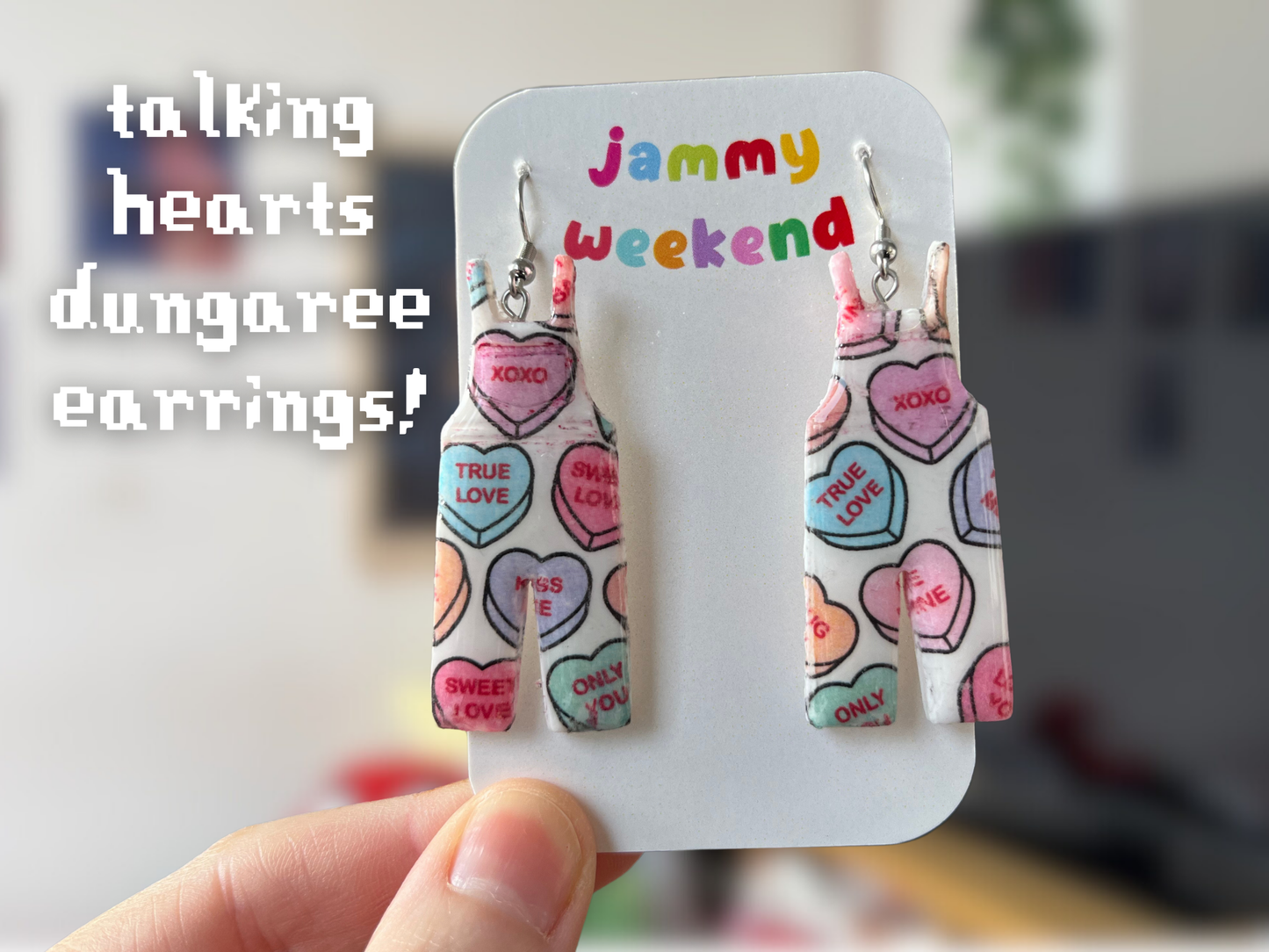 Talking Hearts Clay Dungaree Earrings | Valentines