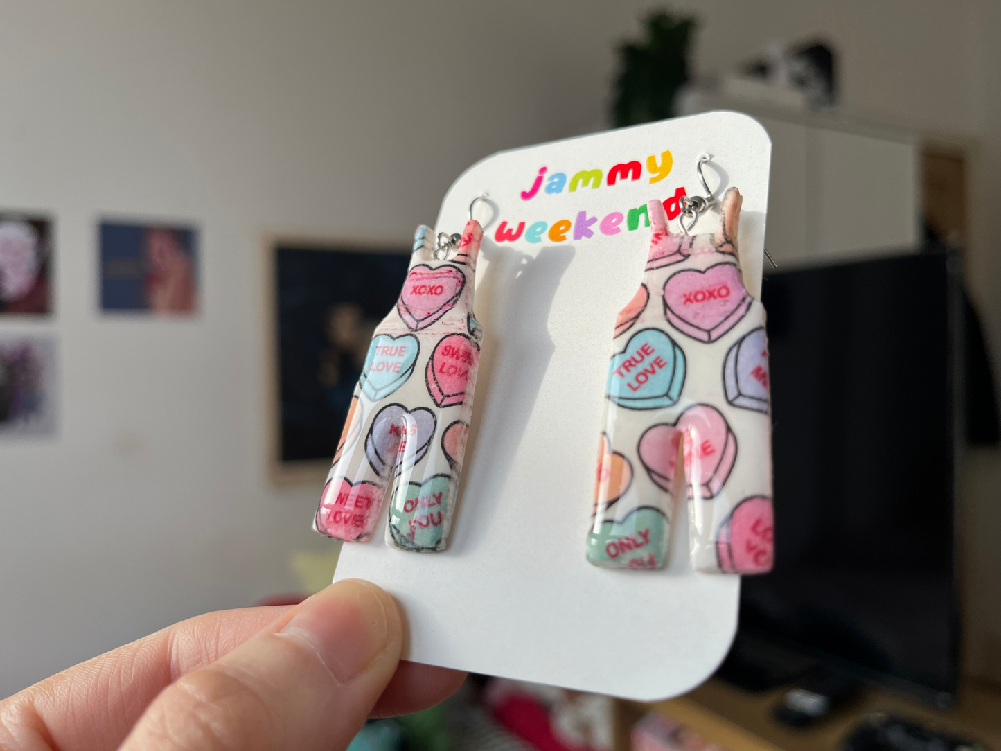 Talking Hearts Clay Dungaree Earrings | Valentines