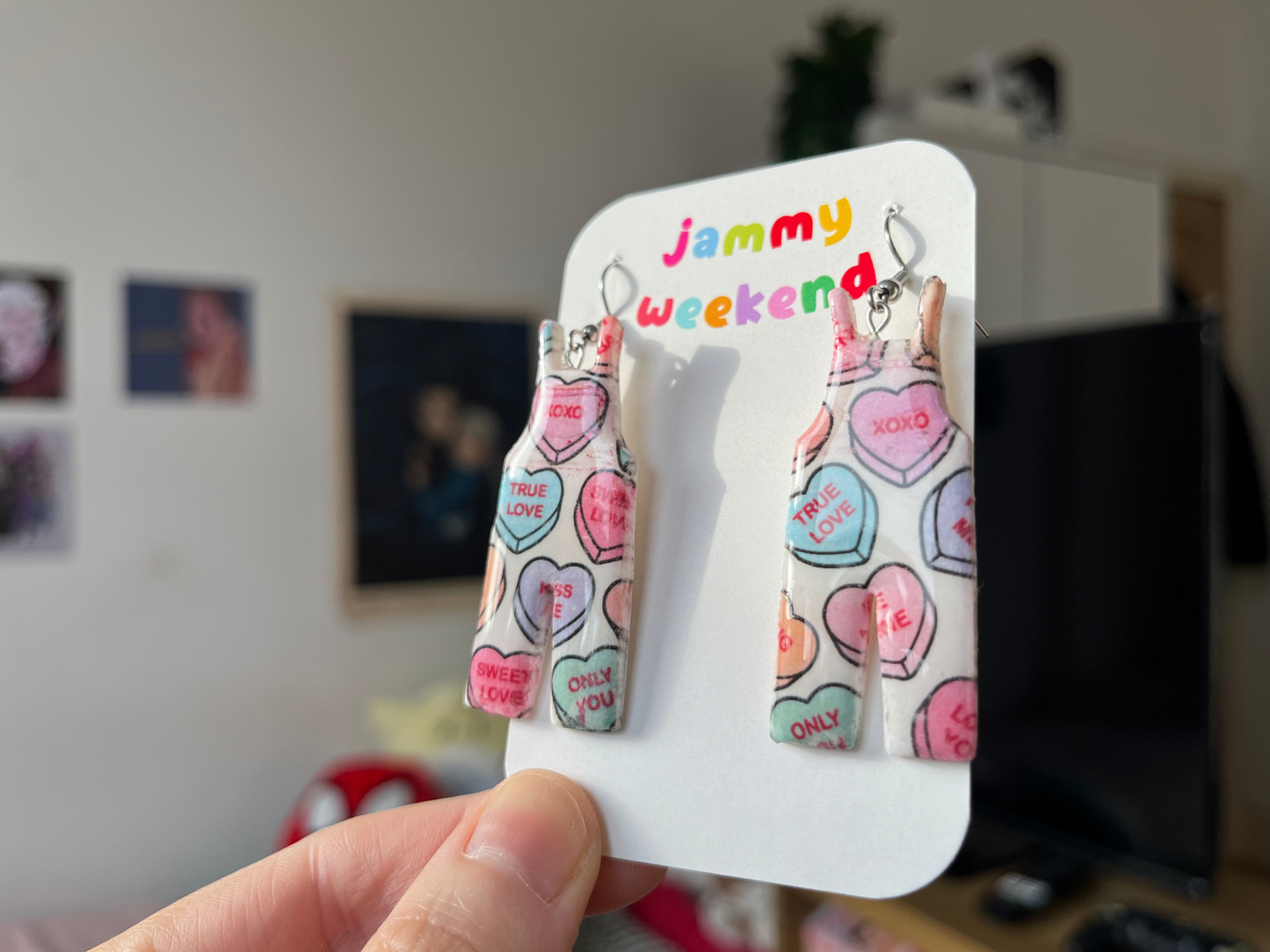 Talking Hearts Clay Dungaree Earrings | Valentines