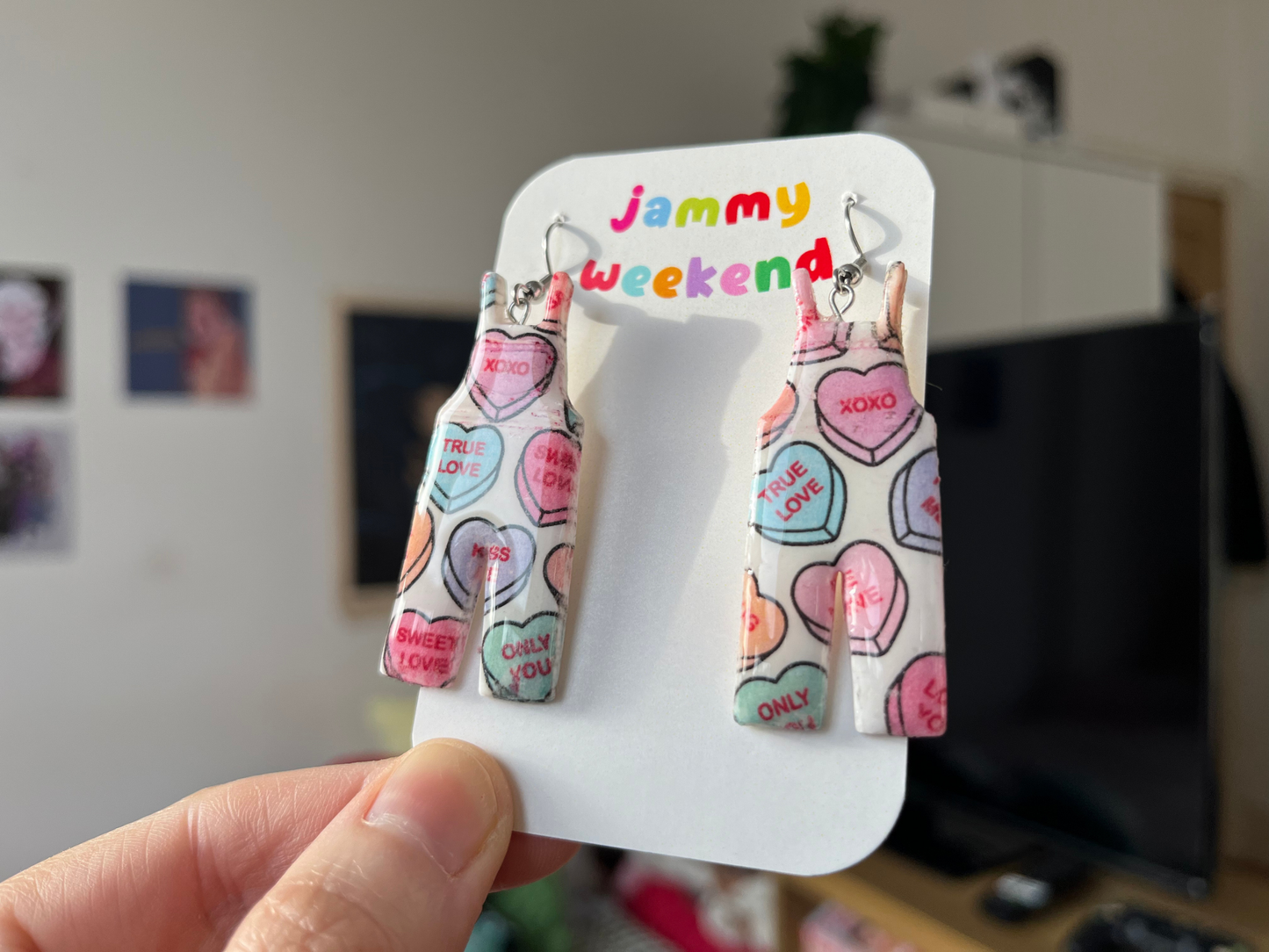 Talking Hearts Clay Dungaree Earrings | Valentines