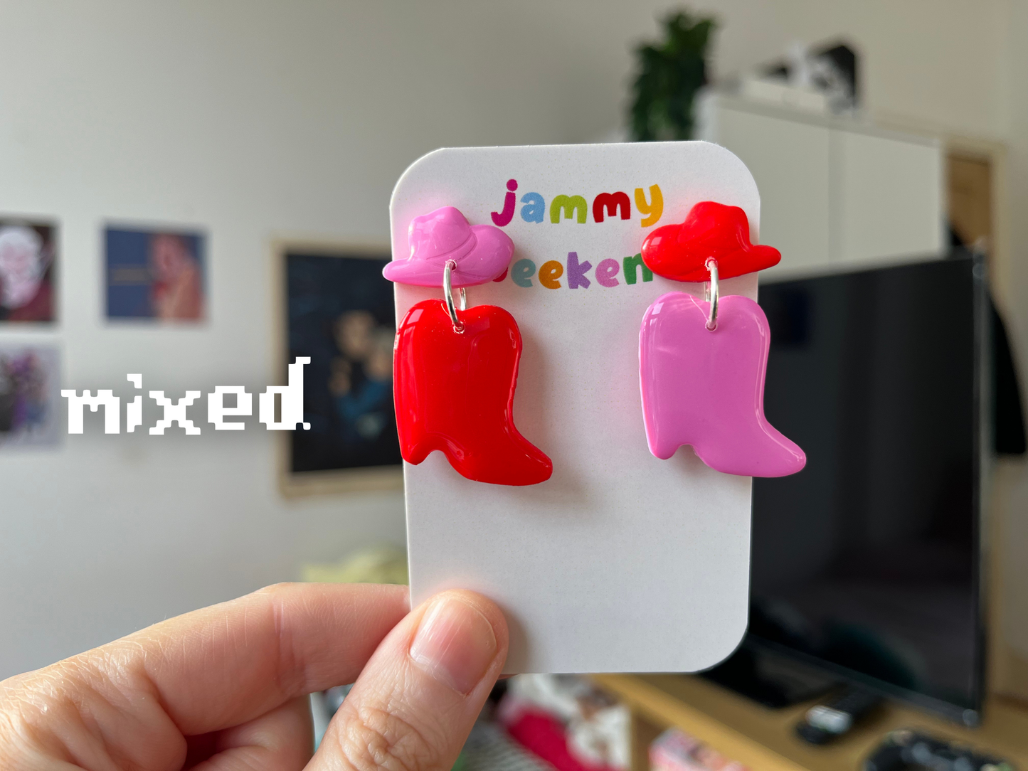Pink and Red Cowboy Boots Polymer Clay Earrings with Hat Stud