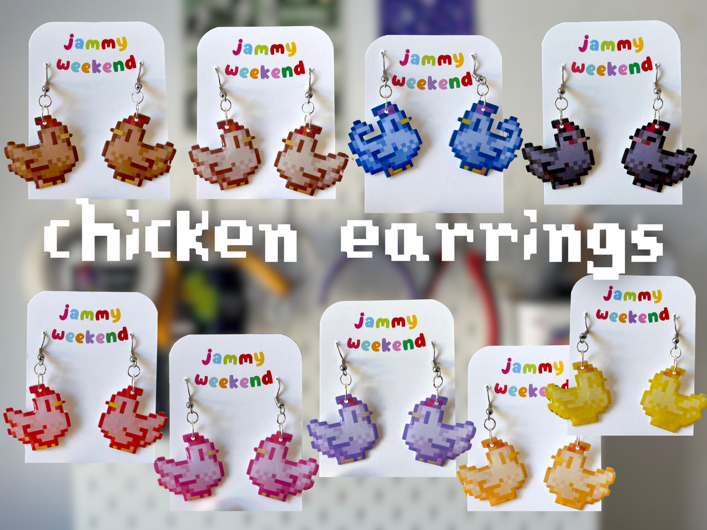 Colourful Pixel Chickens Earrings
