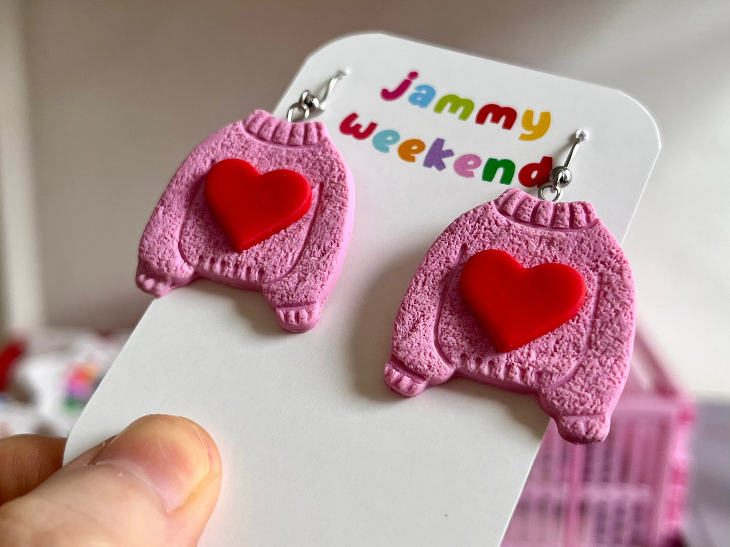 Pink and Red Heart Sweater Earrings