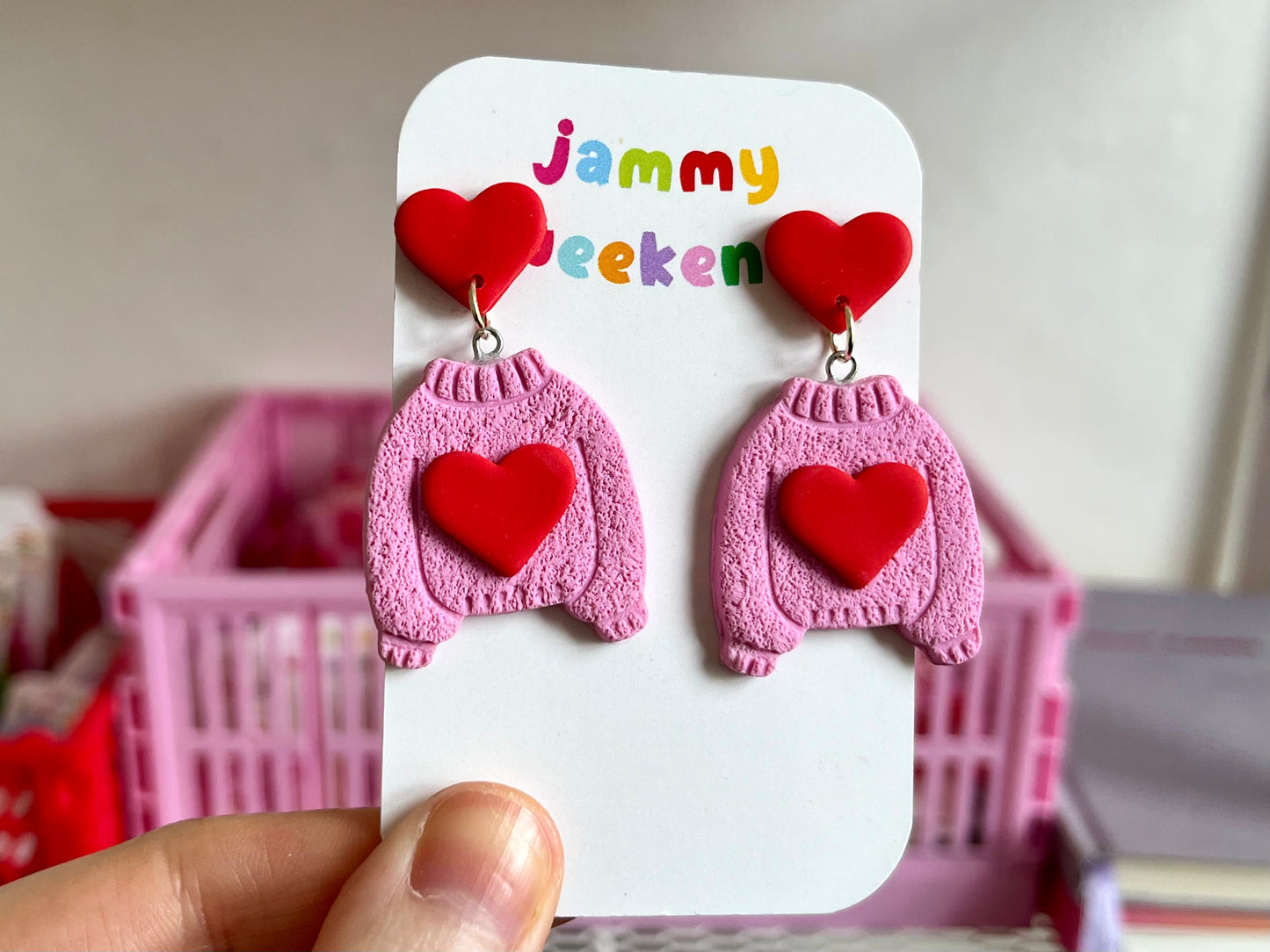 Pink and Red Heart Stud Sweater Earrings