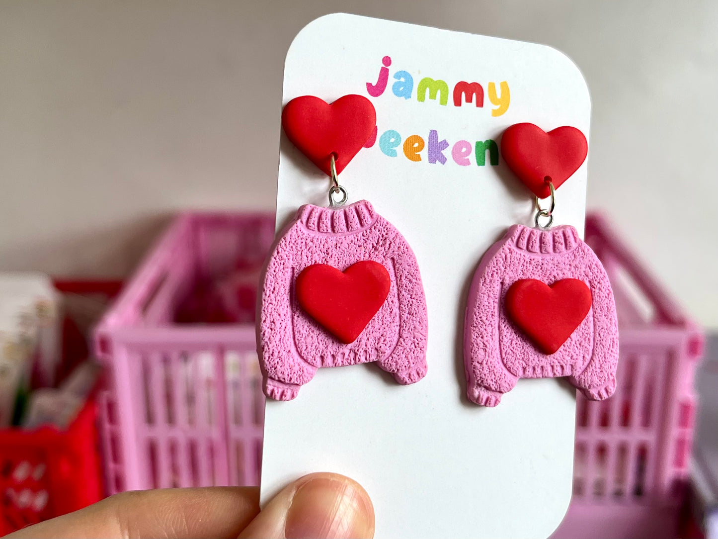 Pink and Red Heart Stud Sweater Earrings