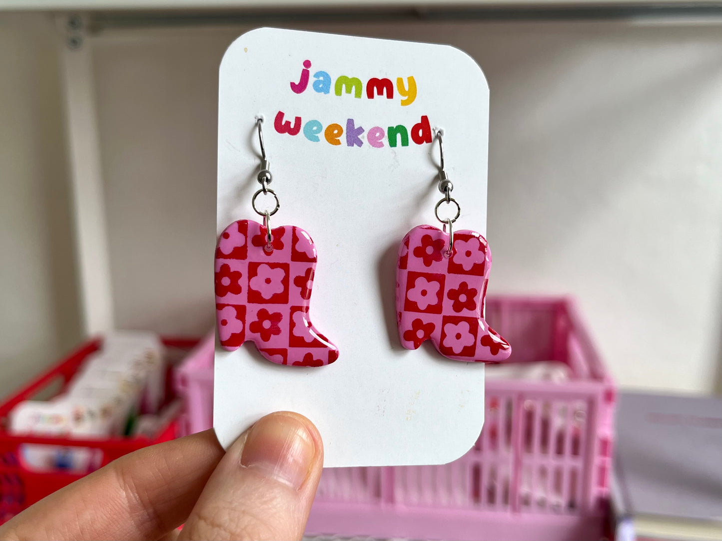 Pink and Red Checkerboard Cowboy Boots Clay Earrings