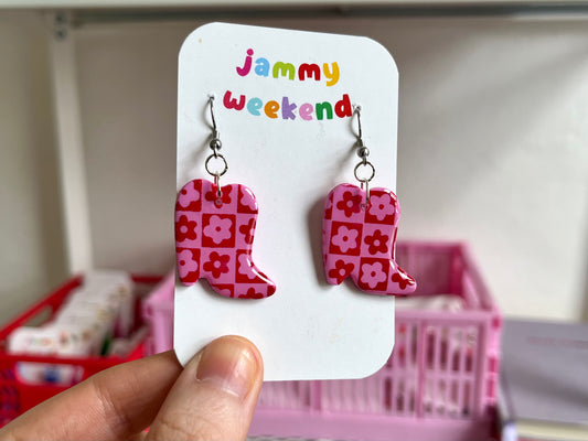 Pink and Red Checkerboard Cowboy Boots Clay Earrings