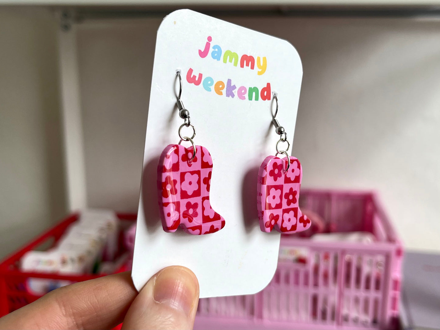 Pink and Red Checkerboard Cowboy Boots Clay Earrings