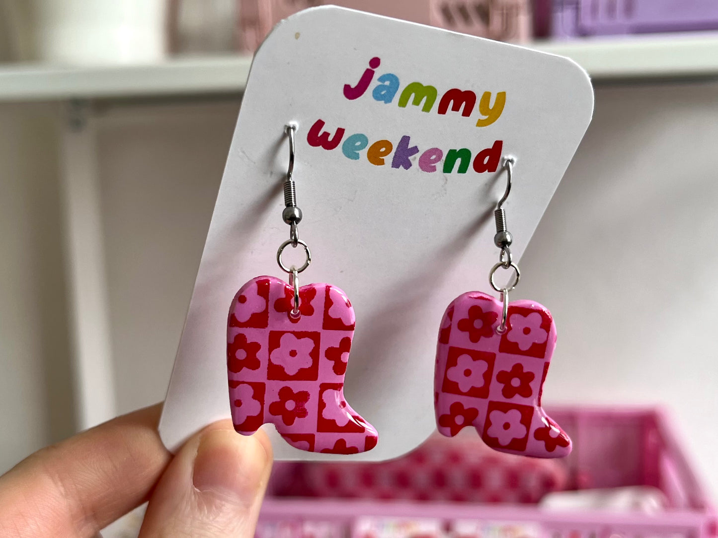 Pink and Red Checkerboard Cowboy Boots Clay Earrings
