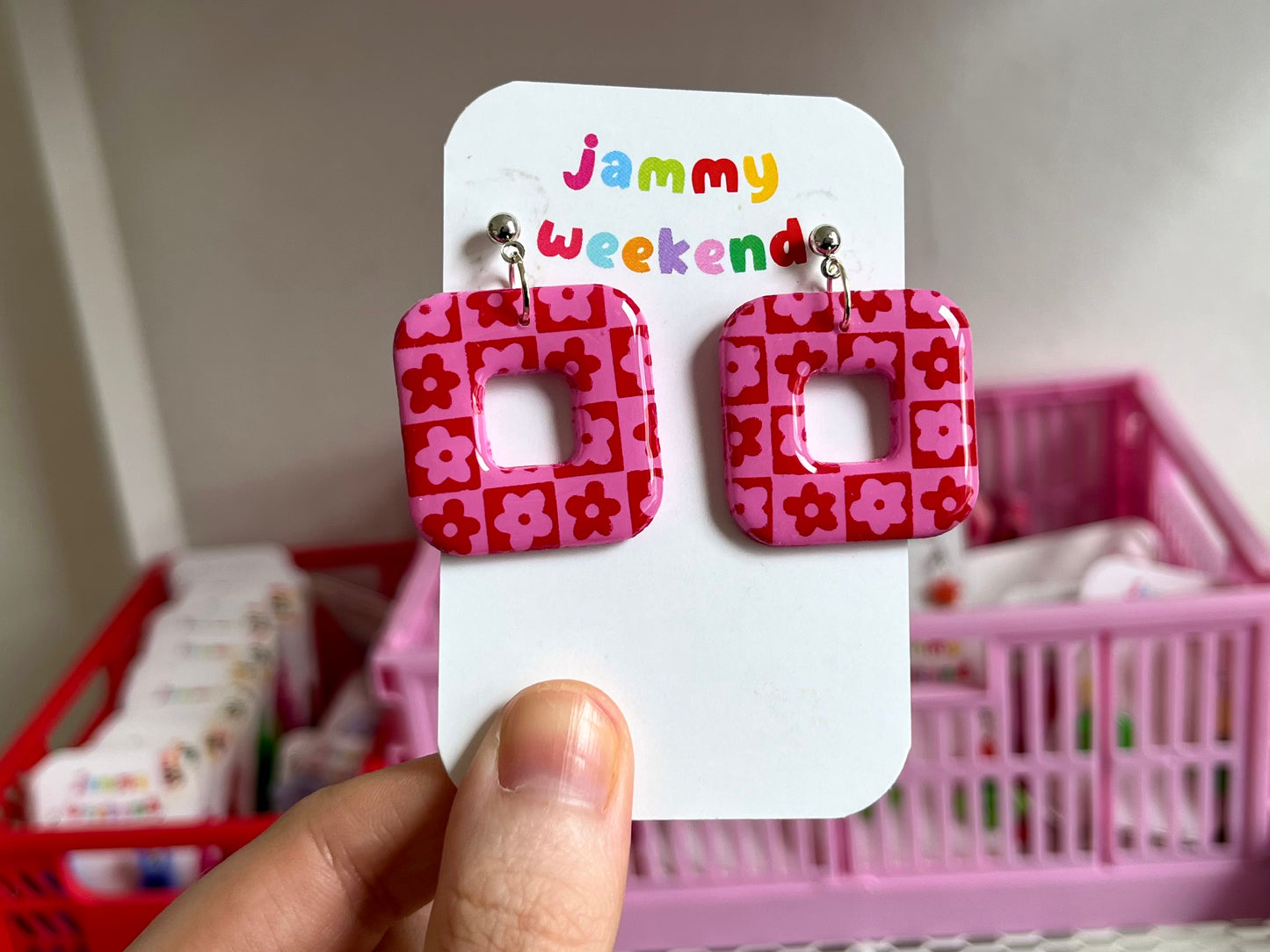 Pink and Red Silkscreen Arch Earrings