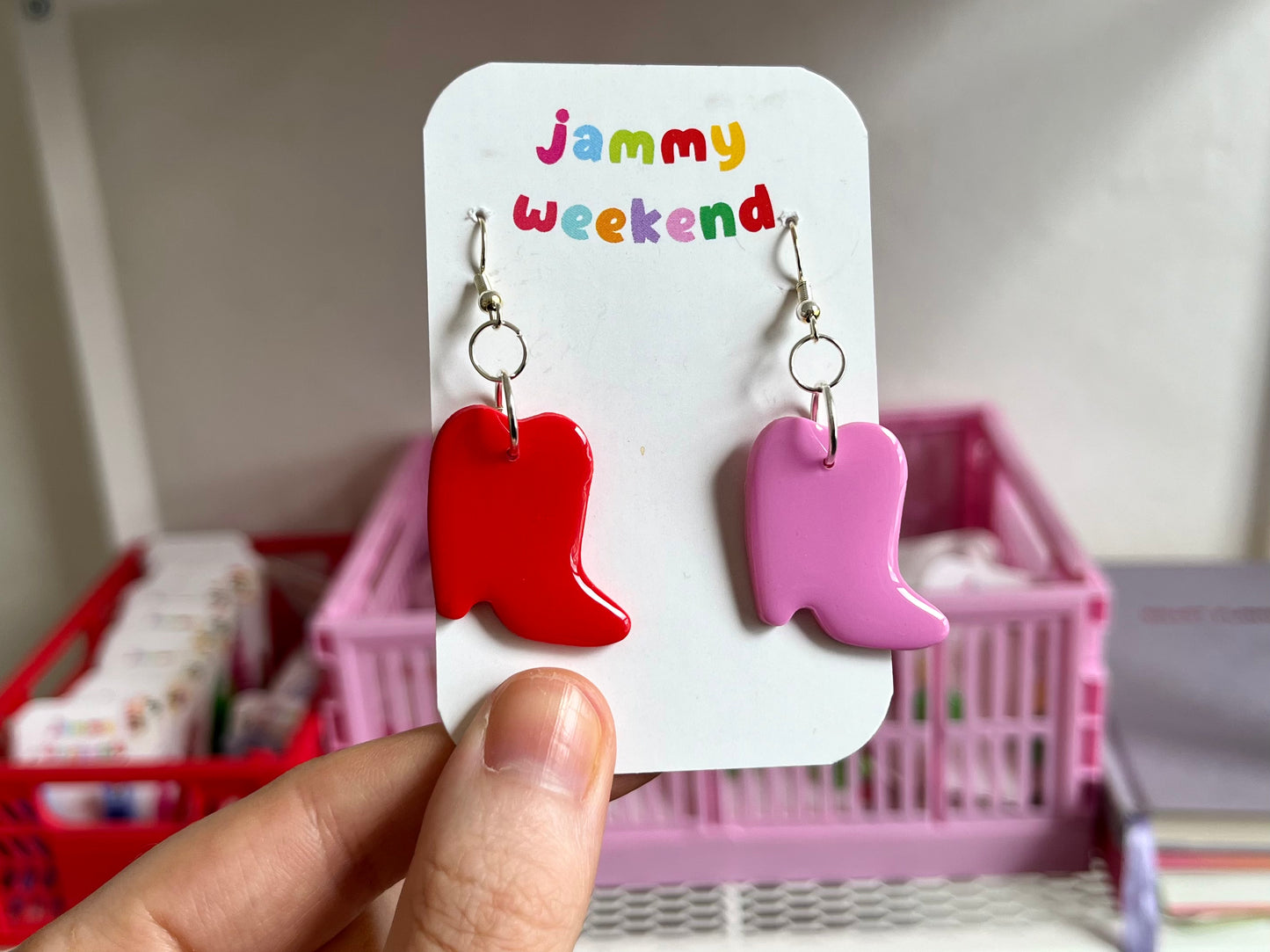 Pink and Red Cowboy Boots Clay Earrings