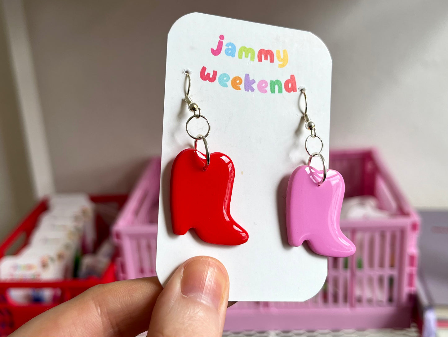 Pink and Red Cowboy Boots Clay Earrings
