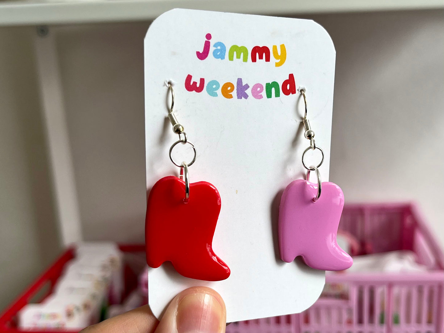 Pink and Red Cowboy Boots Clay Earrings