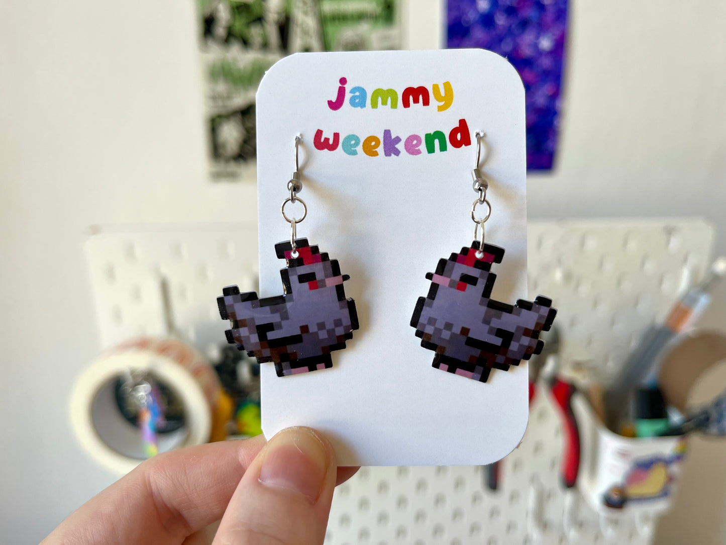Colourful Pixel Chickens Earrings
