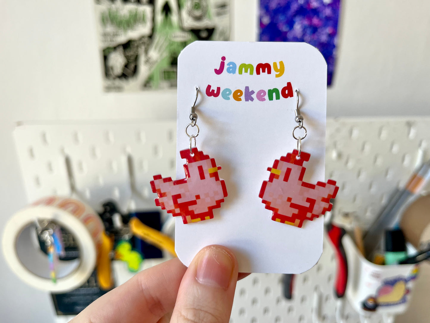 Colourful Pixel Chickens Earrings