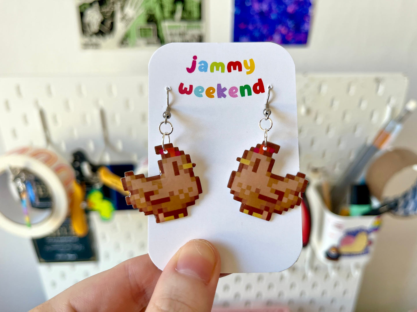 Colourful Pixel Chickens Earrings