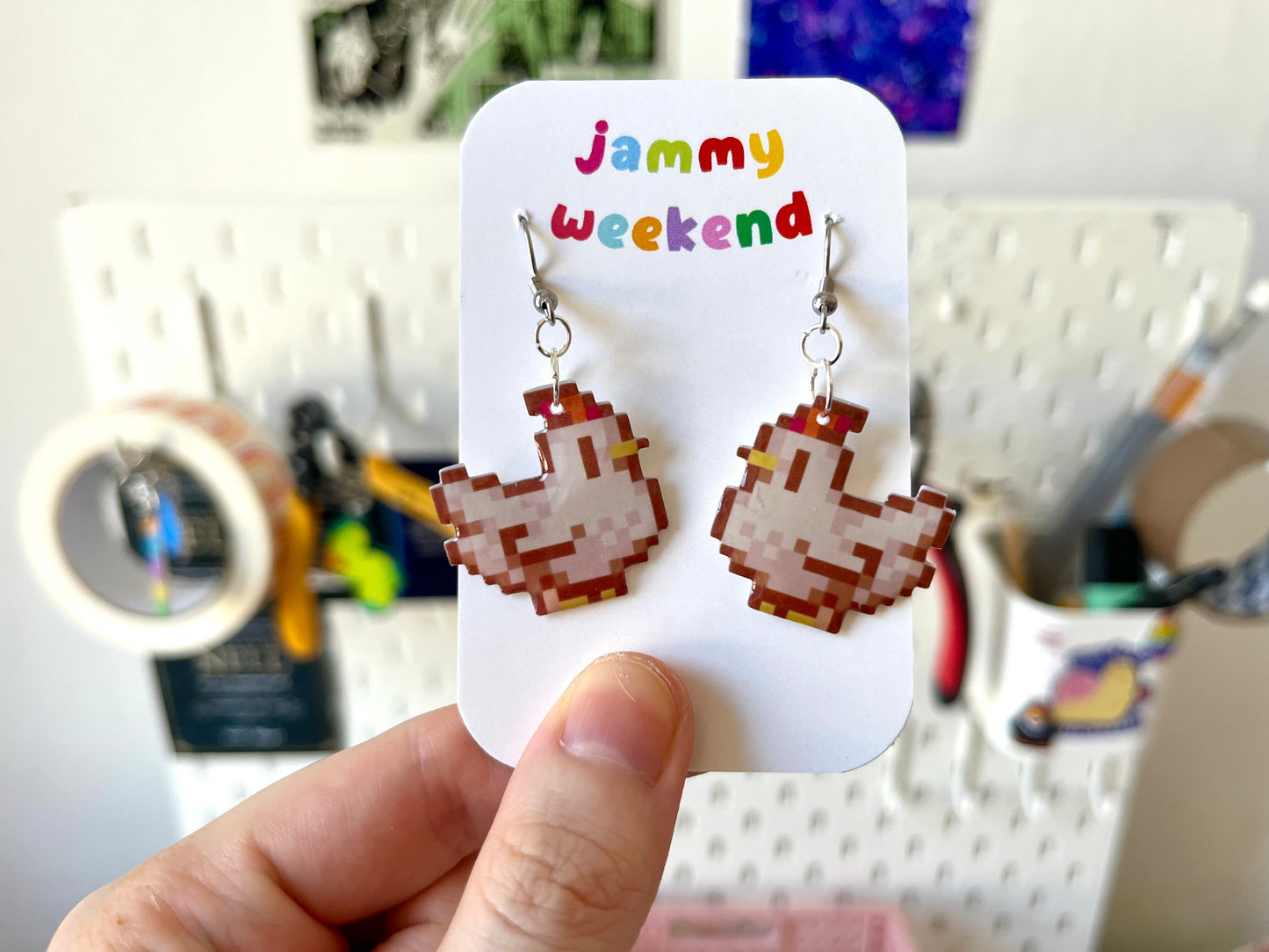 Colourful Pixel Chickens Earrings