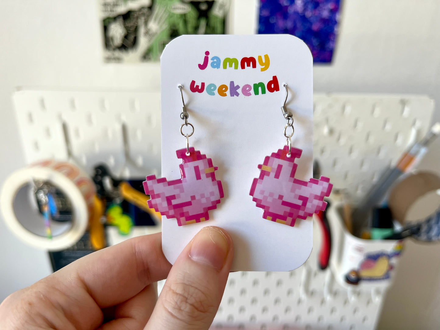 Colourful Pixel Chickens Earrings