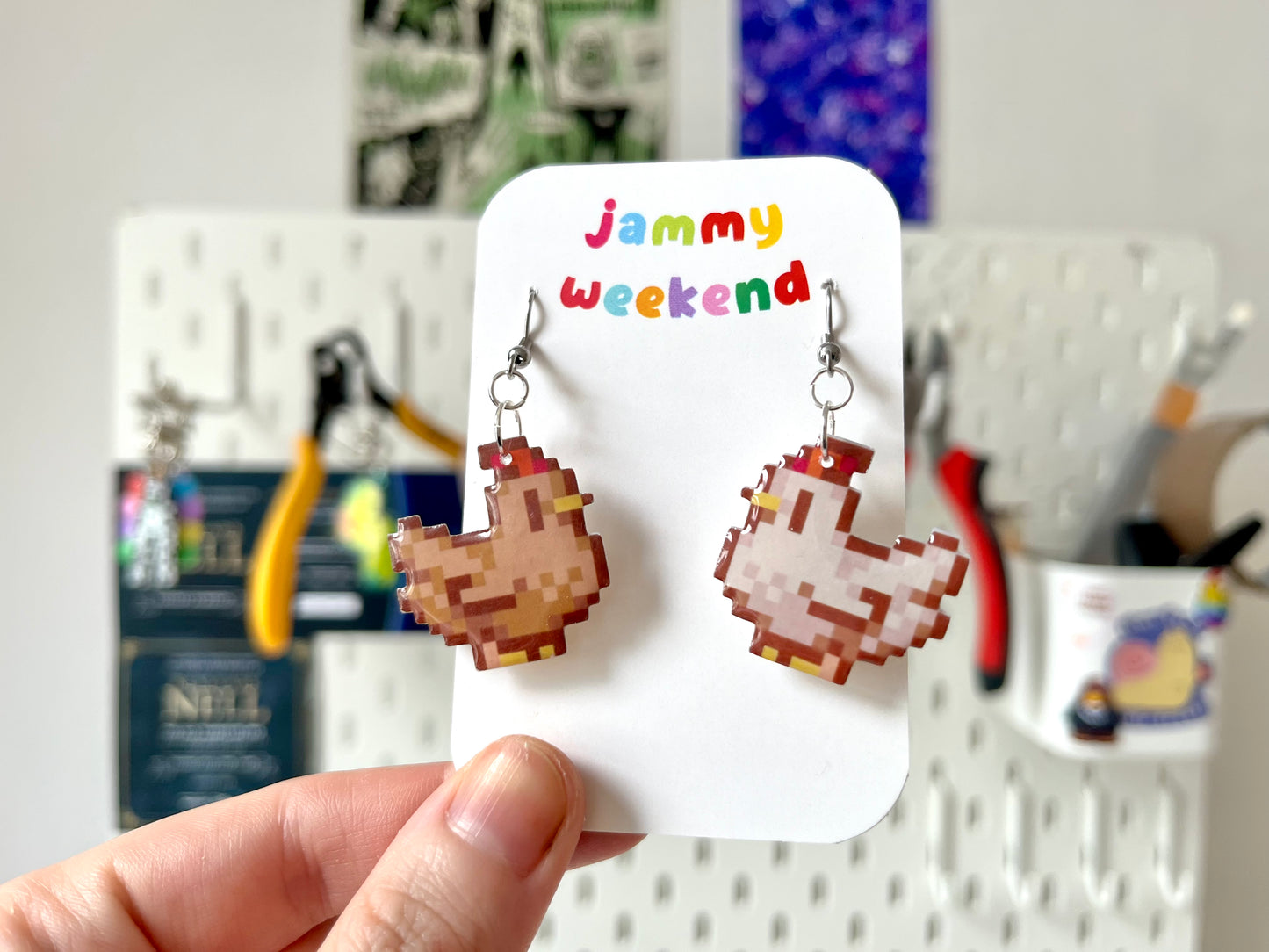 Colourful Pixel Chickens Earrings