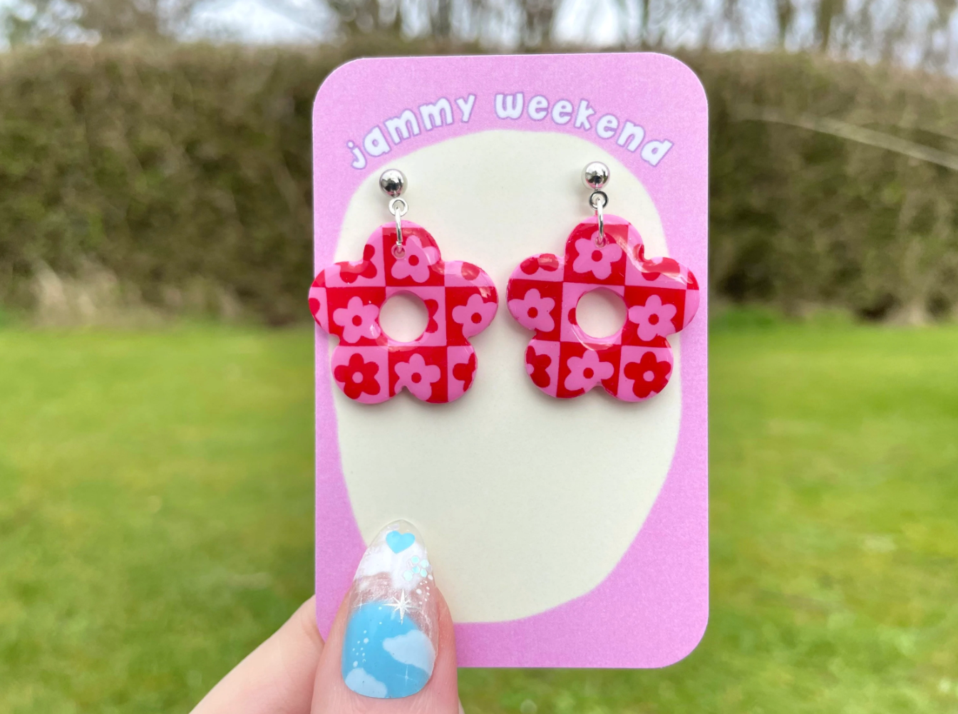 Flower Polymer Clay Checkerboard Earrings