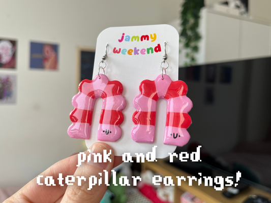 Pink and Red Caterpillar Polymer Clay Earrings