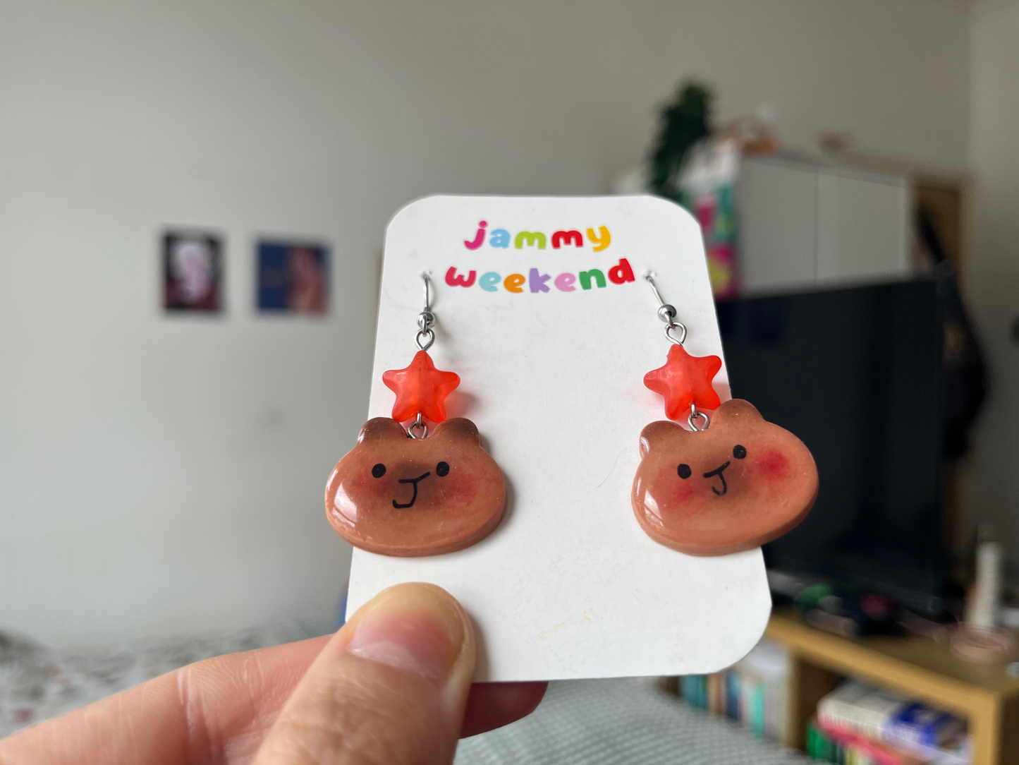 Capybara Face Polymer Clay Earrings with Star Bead