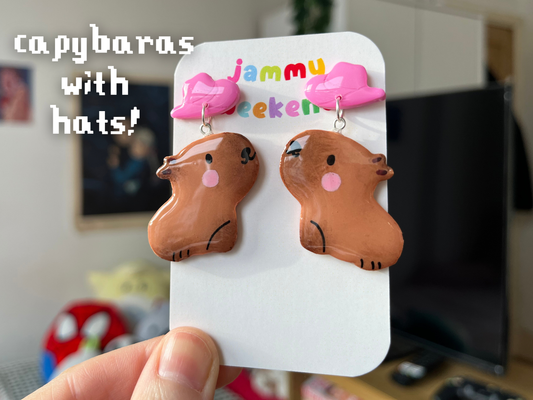 Capybara with Pink Cowboy Hat Clay Earrings