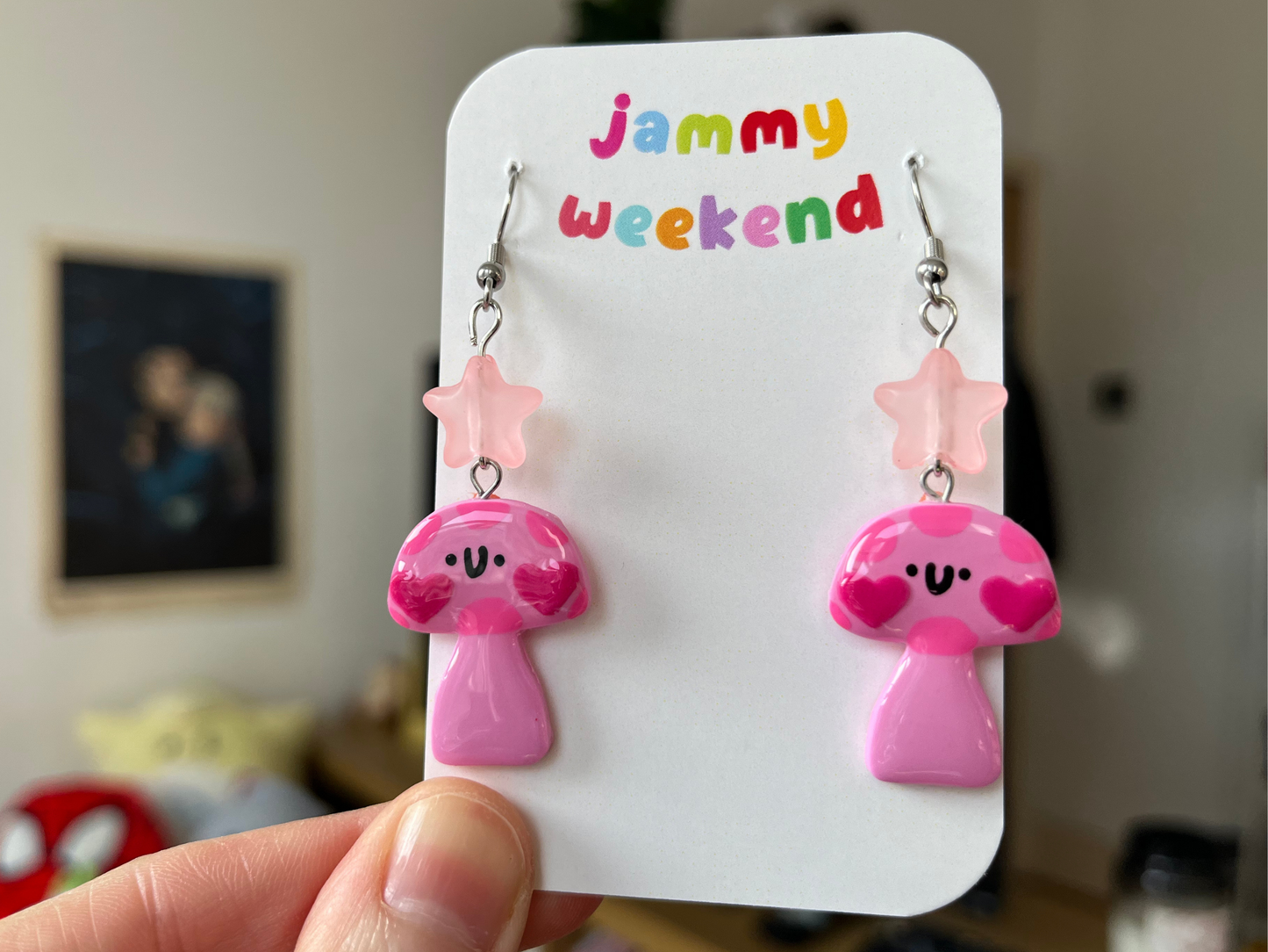 Valentines Pink Heart Mushroom Polymer Clay Earrings