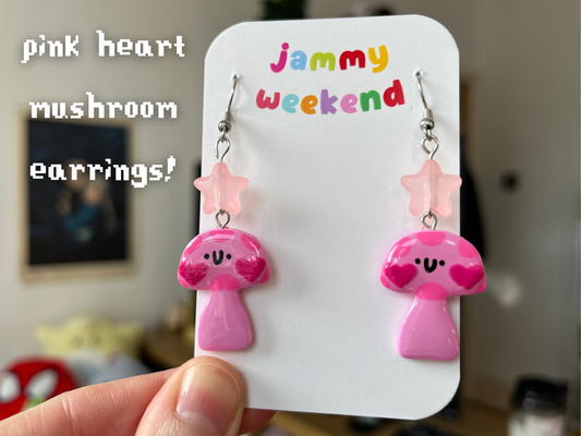 Valentines Pink Heart Mushroom Polymer Clay Earrings