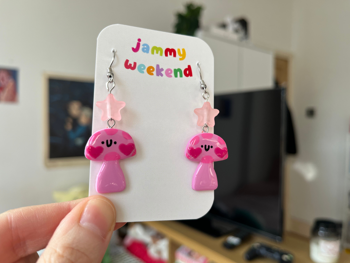 Valentines Pink Heart Mushroom Polymer Clay Earrings