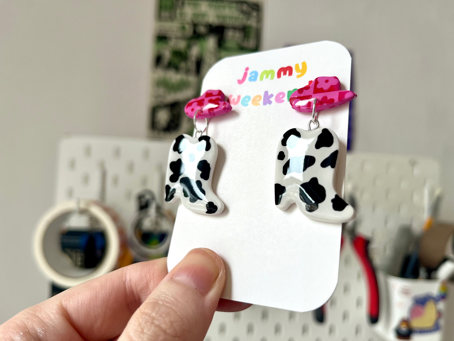 Cow Print Cowboy Boots with Pink Hat Earrings