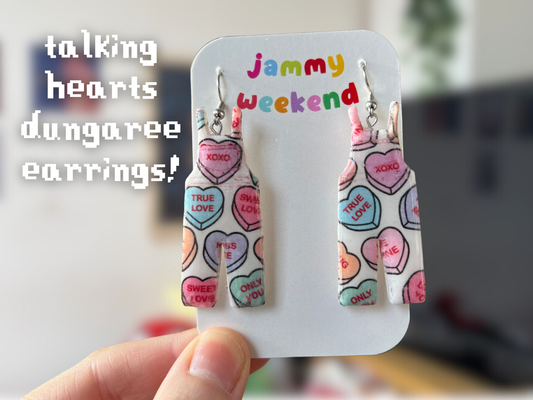 Talking Hearts Clay Dungaree Earrings | Valentines