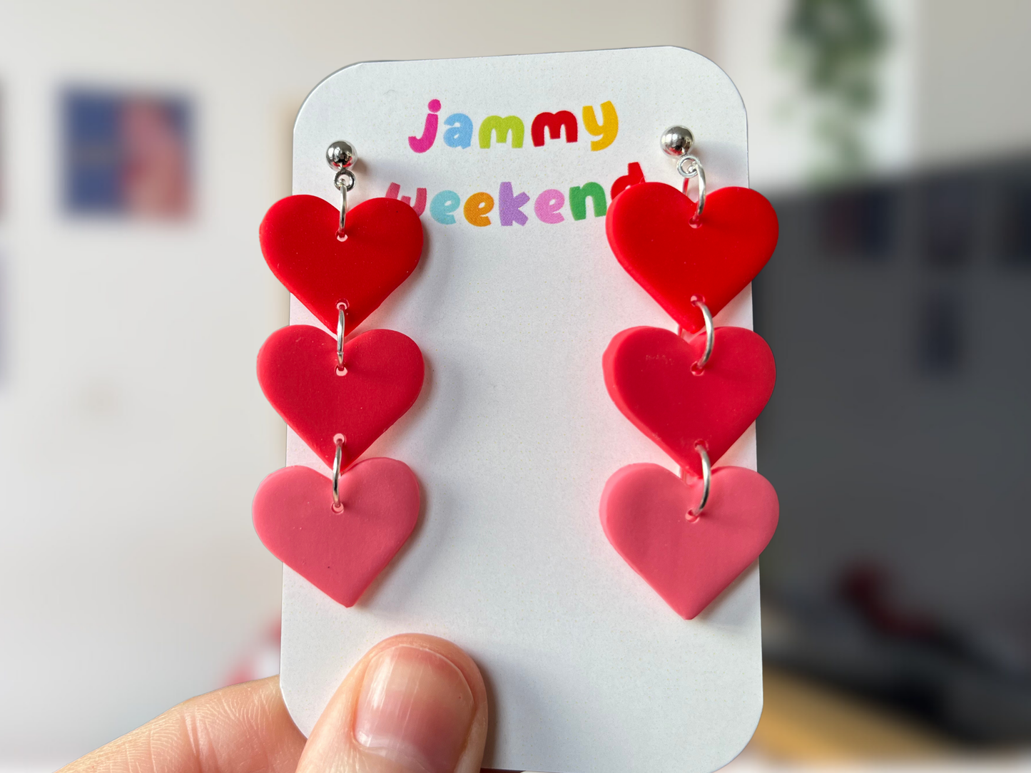 Valentines Red 3 Tier Heart Polymer Clay Earrings