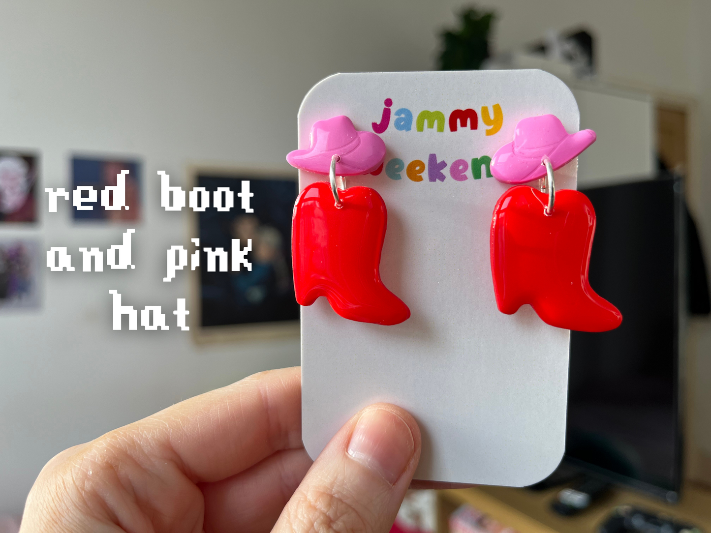 Pink and Red Cowboy Boots Polymer Clay Earrings with Hat Stud