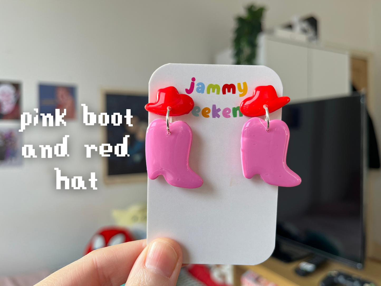 Pink and Red Cowboy Boots Polymer Clay Earrings with Hat Stud