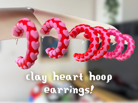 Pink and Red Heart Polymer Clay Hoop Earrings