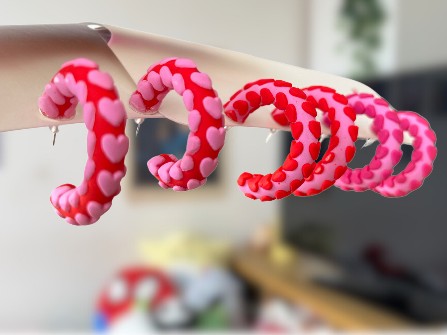 Pink and Red Heart Polymer Clay Hoop Earrings