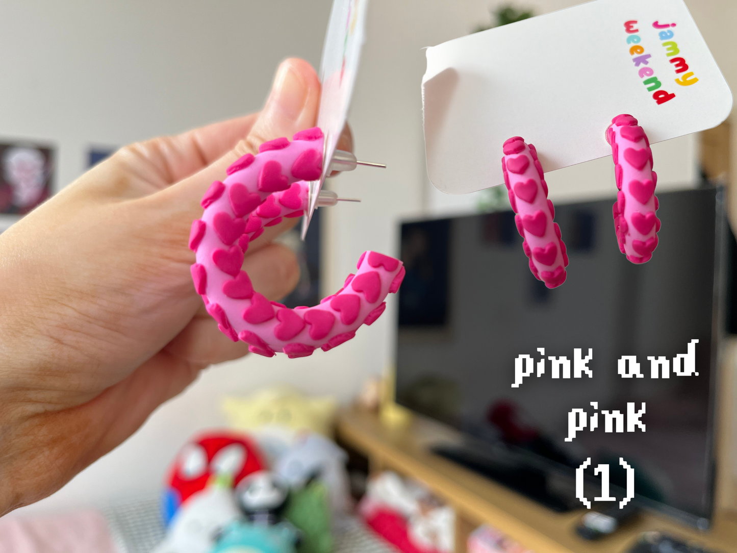 Pink and Red Heart Polymer Clay Hoop Earrings