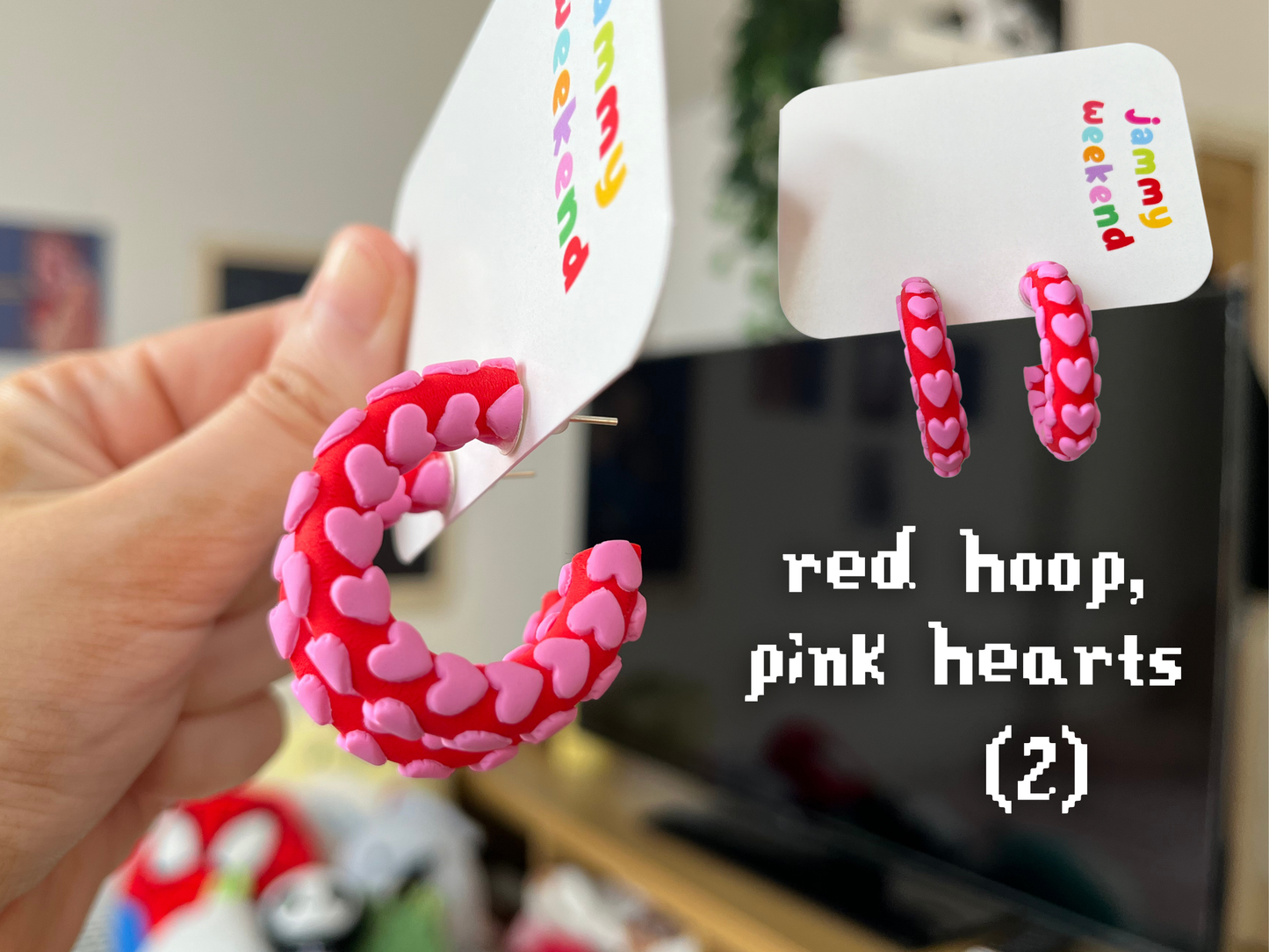 Pink and Red Heart Polymer Clay Hoop Earrings