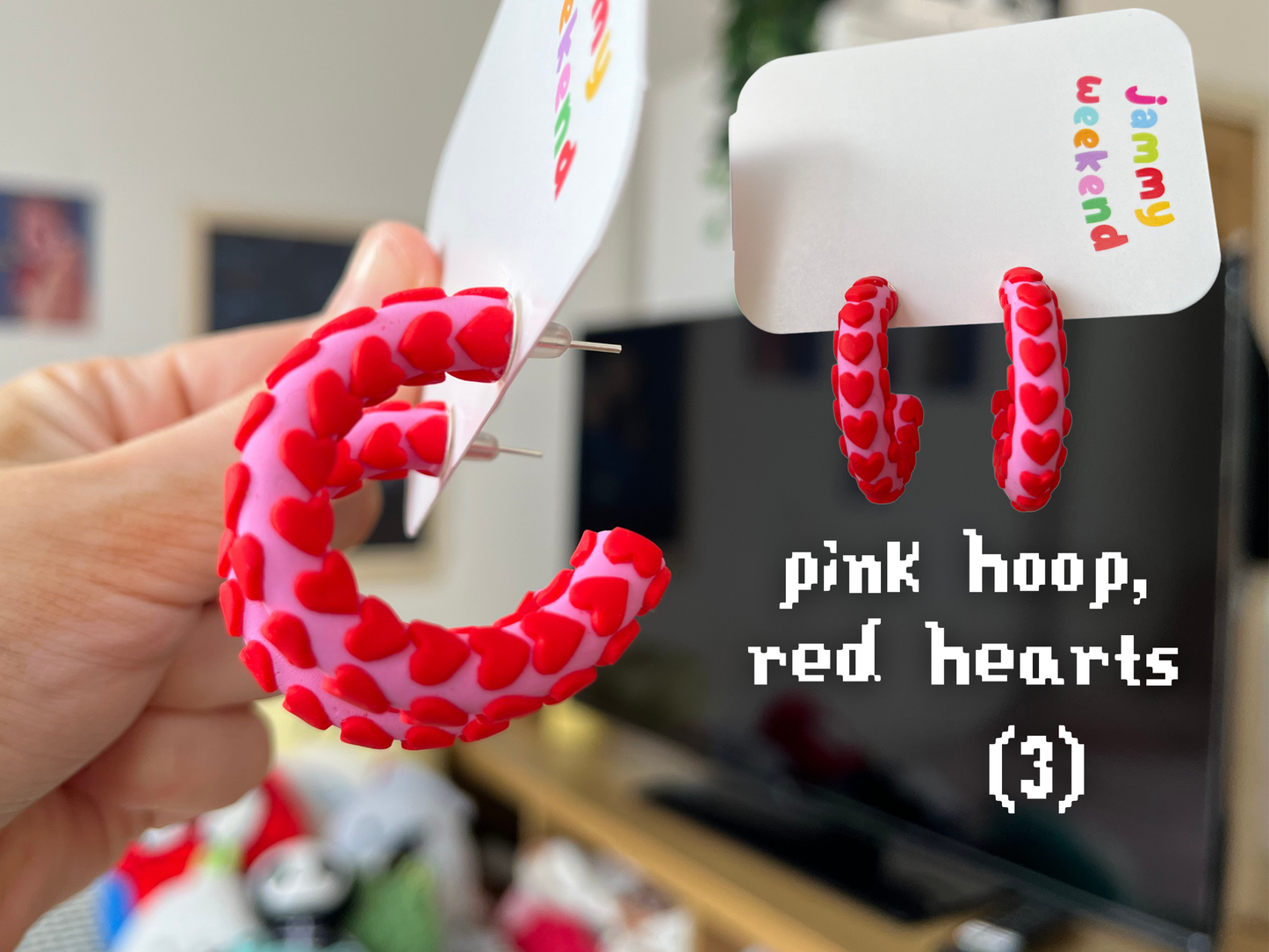 Pink and Red Heart Polymer Clay Hoop Earrings