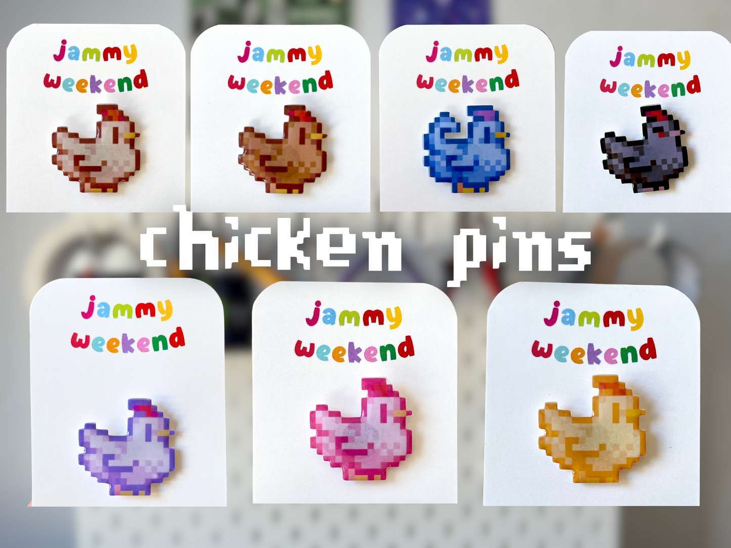 Colourful Pixel Chickens Pin Badge