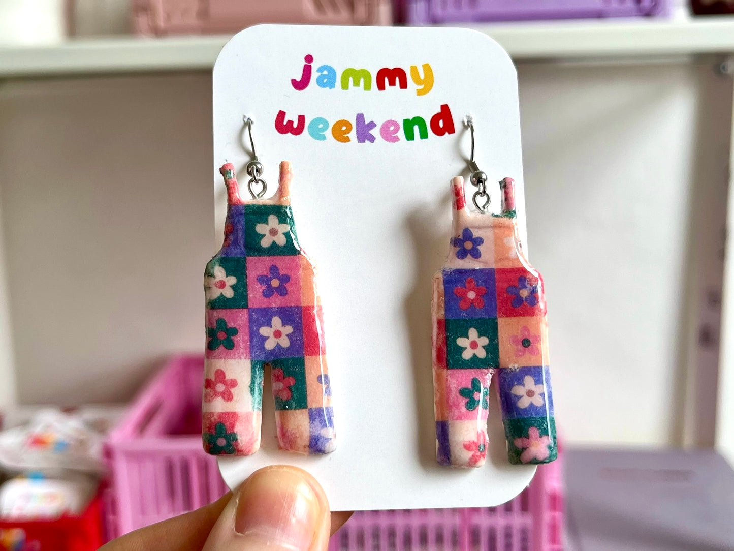 Rainbow Checkerboard Dungaree Earrings