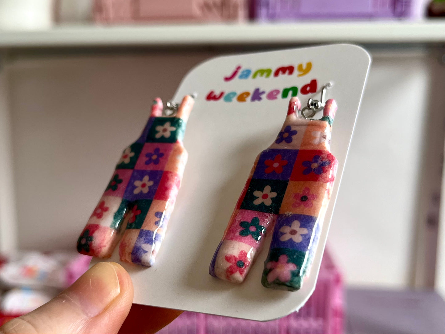 Rainbow Checkerboard Dungaree Earrings