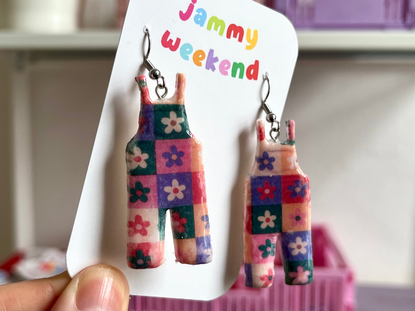 Rainbow Checkerboard Dungaree Earrings